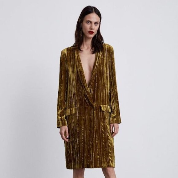 ZARA Woman Velvet Silk Blend Long Jacket Mustard Gold Textured Coat S - Picture 1 of 4